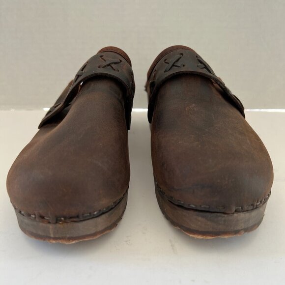 Danish Clogs Chocolate Brown Leather Wood Platform Slip On Mule Size 7 - Picture 5 of 15
